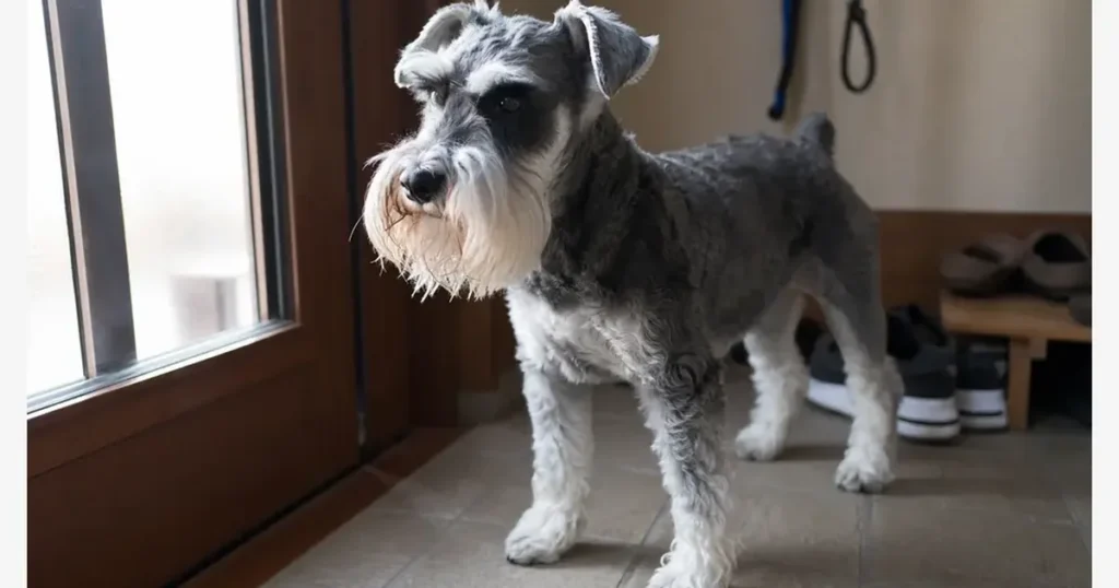 玄関の窓辺で外を見張るように立つミニチュア・シュナウザー。ひげと眉毛、番犬らしい警戒心がわかる。