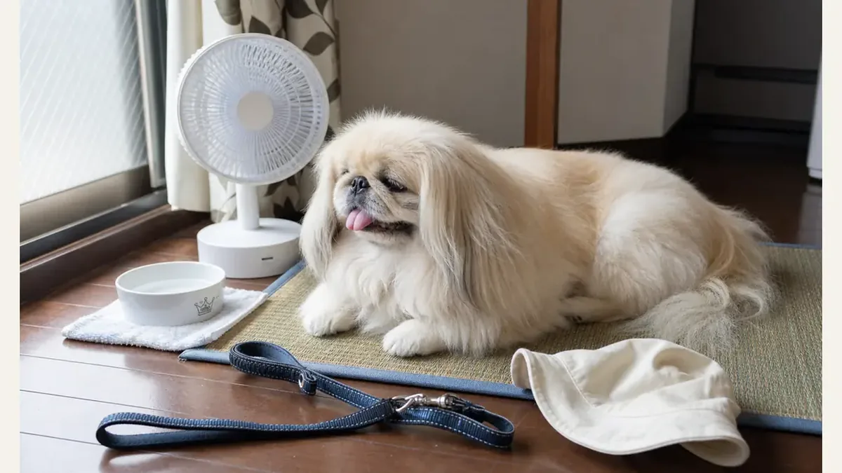 扇風機と水皿のそばで涼みながら休むペキニーズ