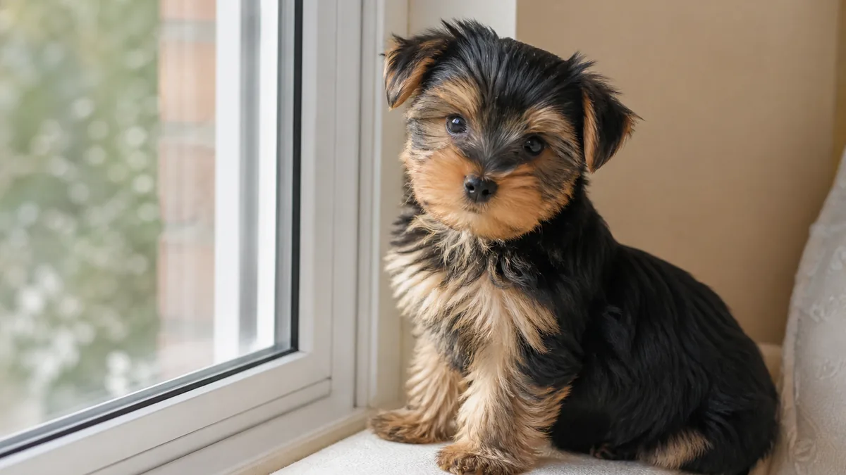 窓辺に座るヨークシャーテリアの子犬